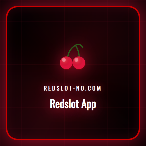 En person holder en smarttelefon med Redslot App-logoen vist på skjermen, med et fargerikt og uskarpt casinobakgrunn.